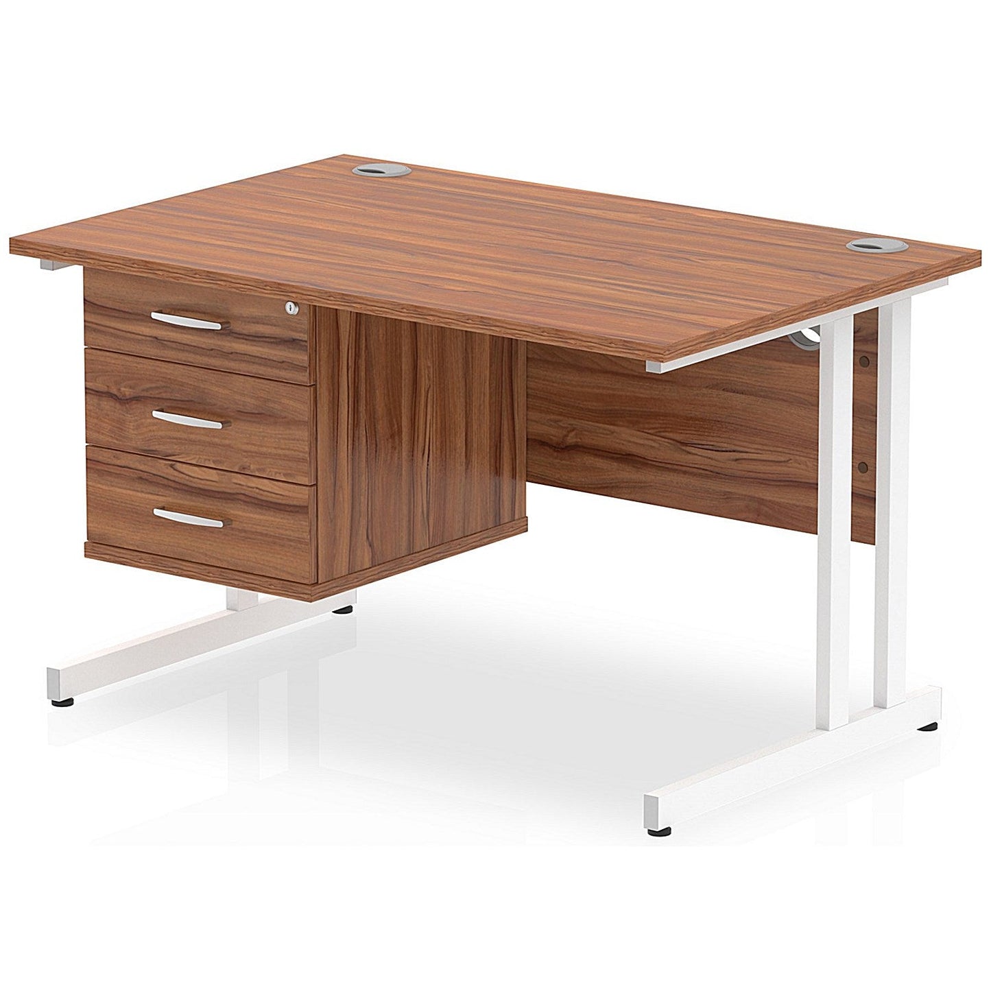 Impulse 1200mm Rectangular Office Desk With Fixed 3 Drawer Pedestal, White Cantilever Leg, Walnut Easy2Order : MI001931