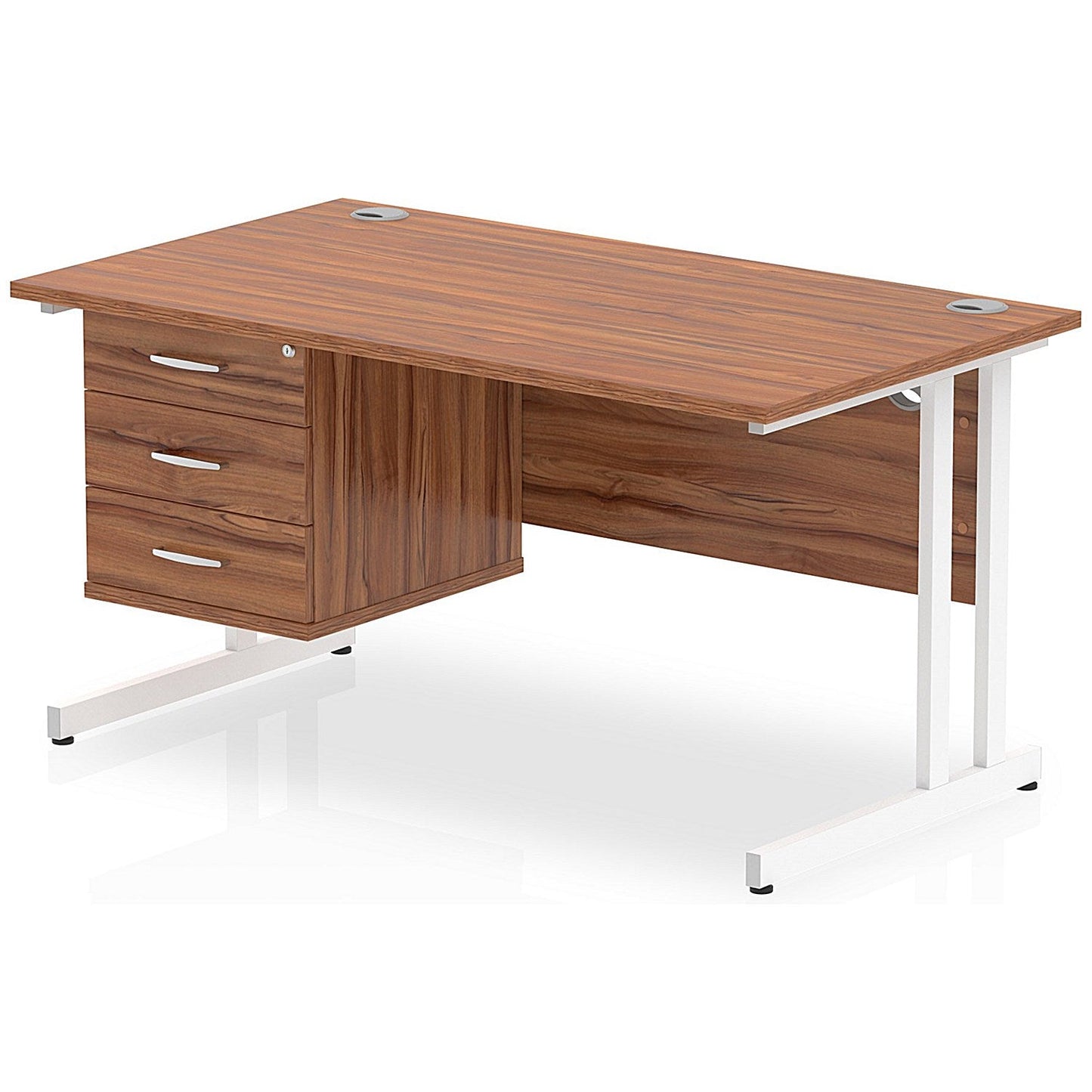 Impulse 1400mm Rectangular Office Desk With Fixed 3 Drawer Pedestal, White Cantilever Leg, Walnut Easy2Order : MI001932