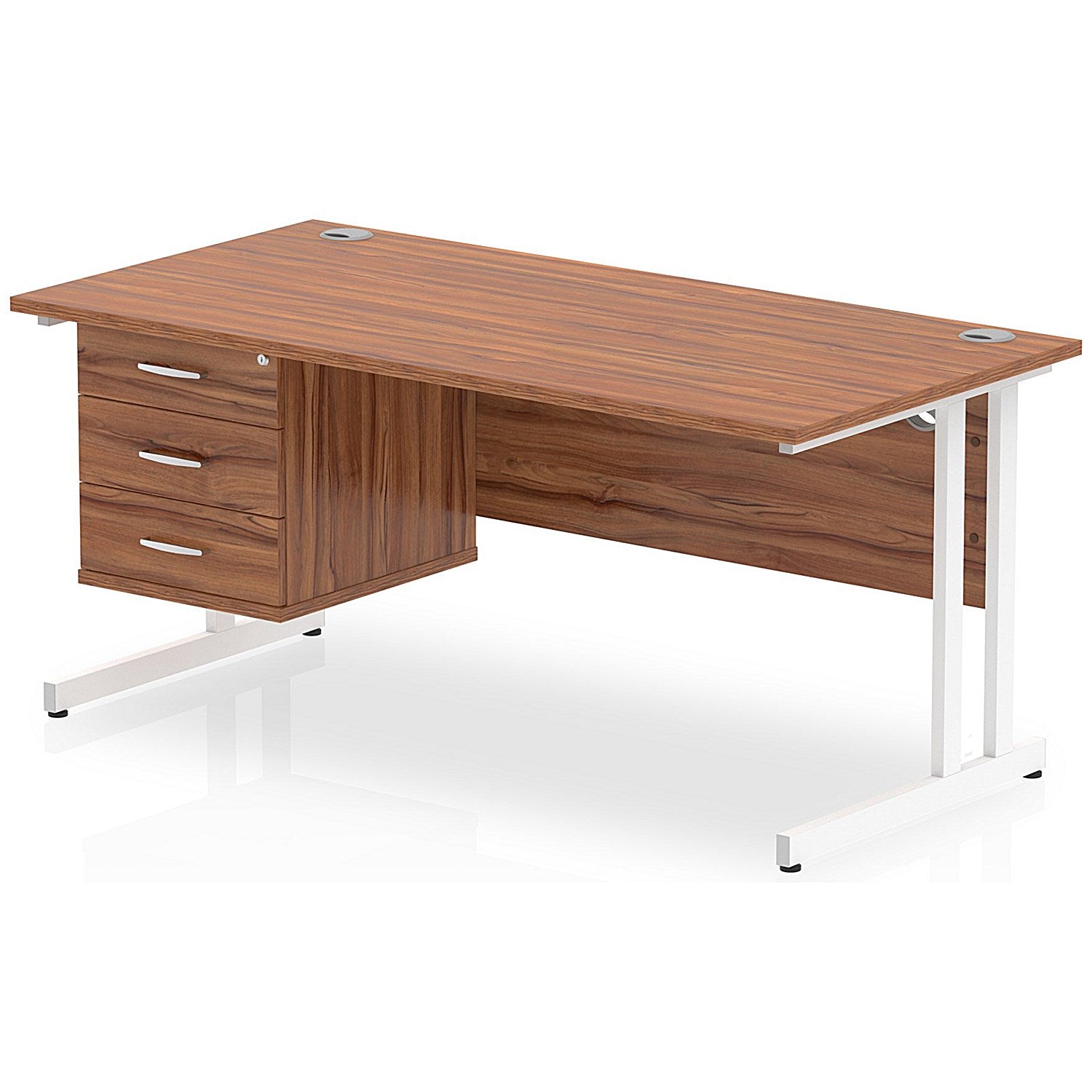 Impulse 1600mm Rectangular Office Desk With Fixed 3 Drawer Pedestal, White Cantilever Leg, Walnut Easy2Order : MI001933