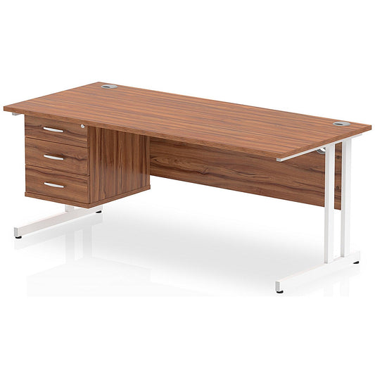 Impulse 1800mm Rectangular Office Desk With Fixed 3 Drawer Pedestal, White Cantilever Leg, Walnut Easy2Order : MI001934