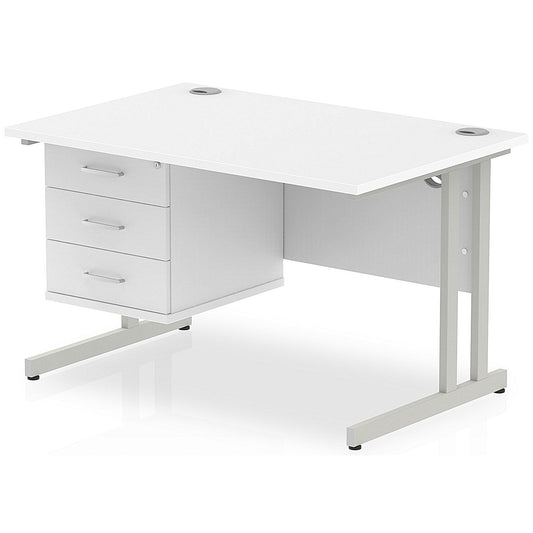 Impulse 1200mm Rectangular Office Desk With Fixed 3 Drawer Pedestal, Silver Cantilever Leg, White Easy2Order : MI002213