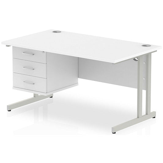 Impulse 1400mm Rectangular Office Desk With Fixed 3 Drawer Pedestal, Silver Cantilever Leg, White Easy2Order : MI002214