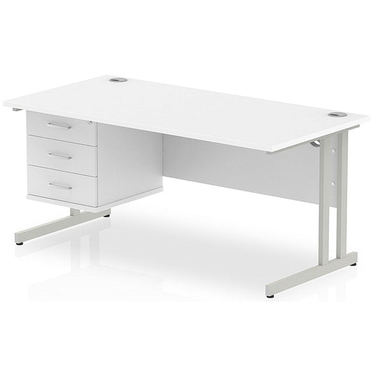 Impulse 1600mm Rectangular Office Desk With Fixed 3 Drawer Pedestal, Silver Cantilever Leg, White Easy2Order : MI002215