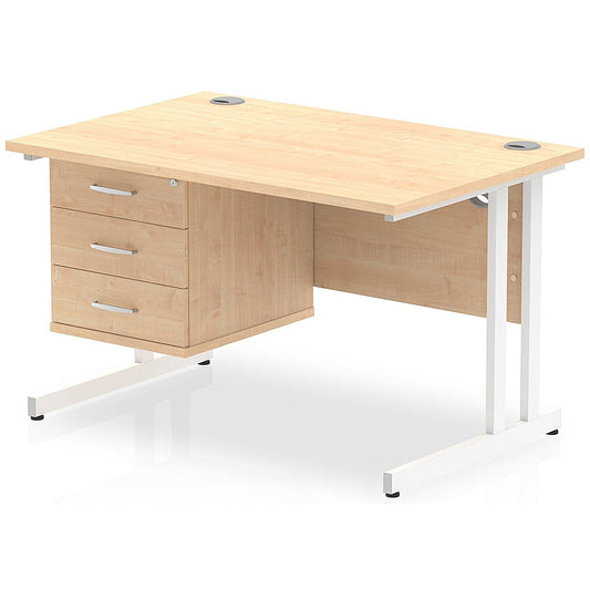 Impulse 1200mm Rectangular Office Desk With Fixed 3 Drawer Pedestal, White Cantilever Leg, Maple Easy2Order : MI002443