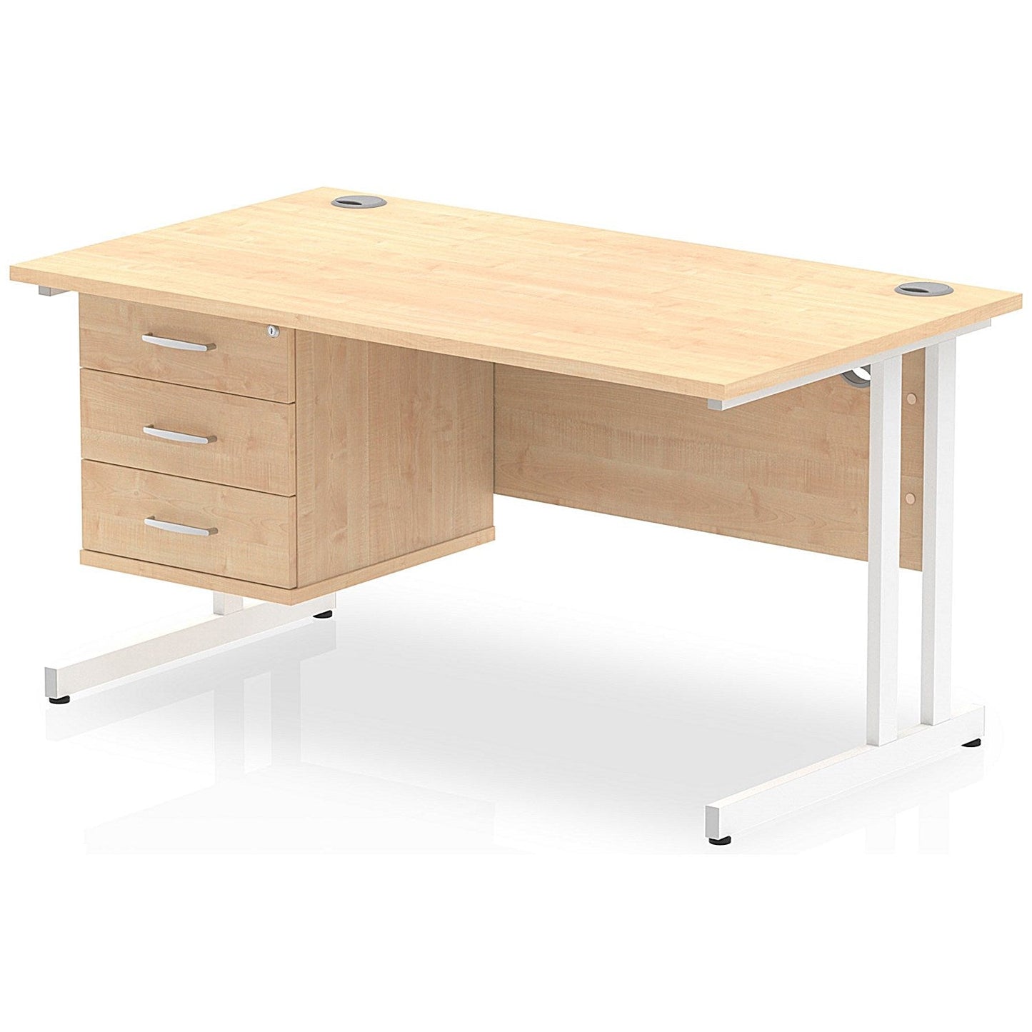 Impulse 1400mm Rectangular Office Desk With Fixed 3 Drawer Pedestal, White Cantilever Leg, Maple Easy2Order : MI002444