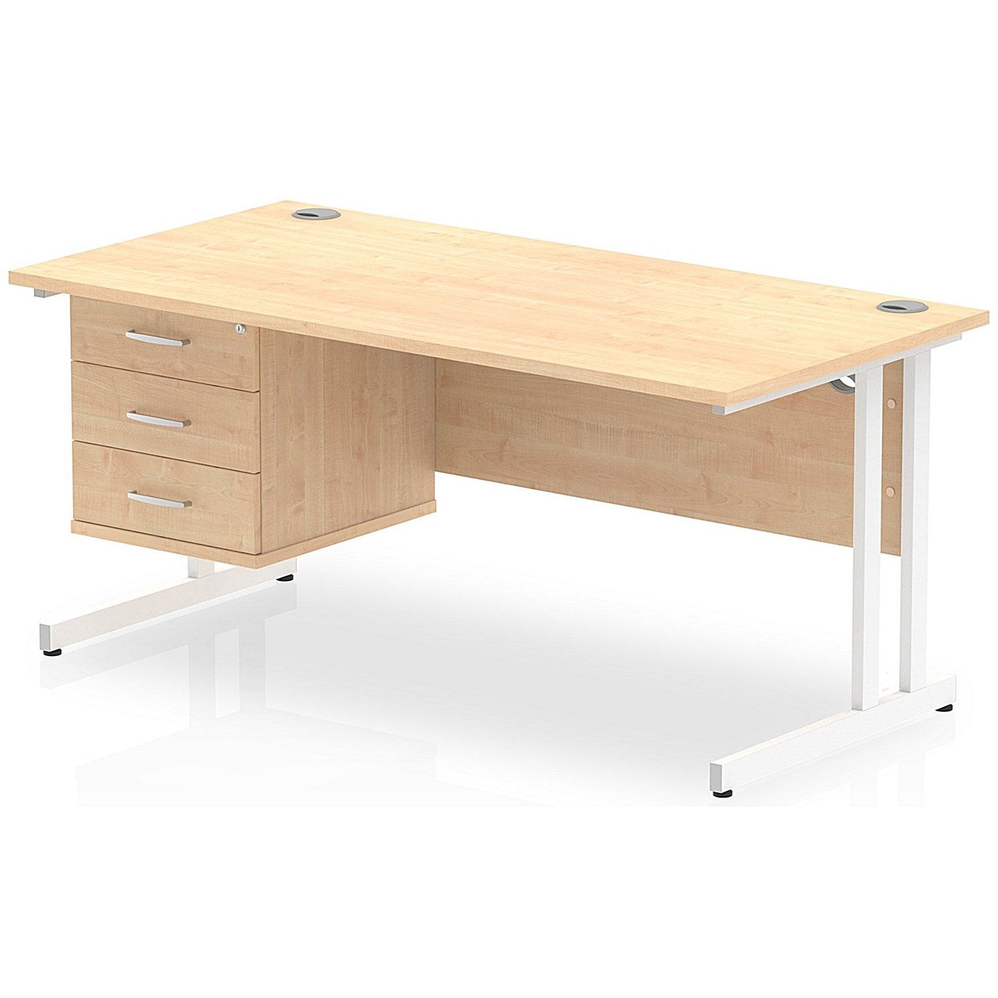 Impulse 1600mm Rectangular Office Desk With Fixed 3 Drawer Pedestal, White Cantilever Leg, Maple Easy2Order : MI002445