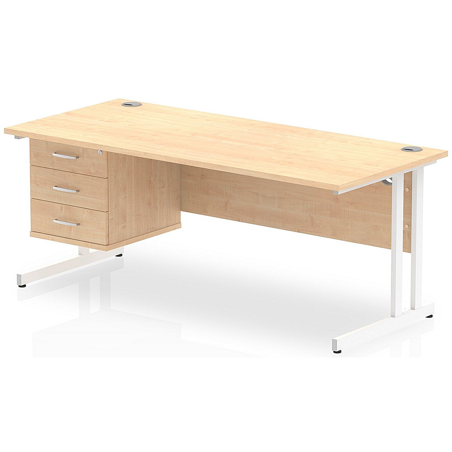 Impulse 1800mm Rectangular Office Desk With Fixed 3 Drawer Pedestal, White Cantilever Leg, Maple Easy2Order : MI002446