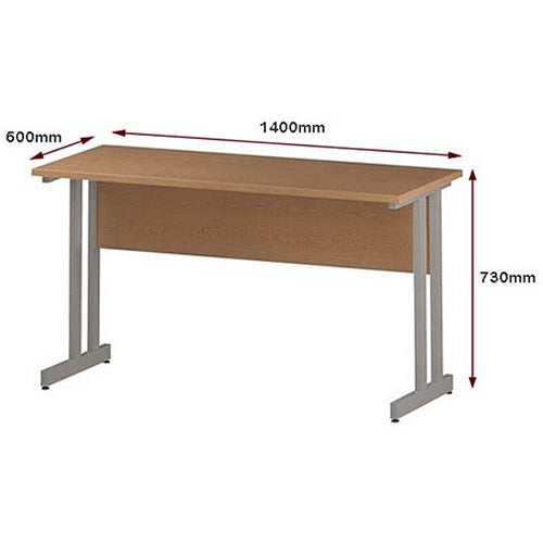 Impulse 1400mm Slim Rectangular Desk, Silver Cantilever Leg, Oak