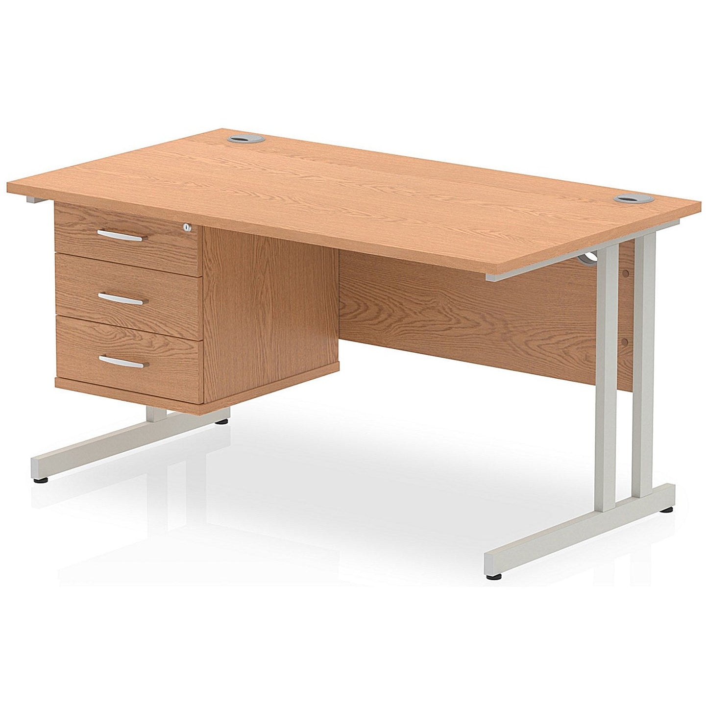 Impulse 1400mm Rectangular Office Desk With Fixed 3 Drawer Pedestal, Silver Cantilever Leg, Oak Easy2Order : MI002666