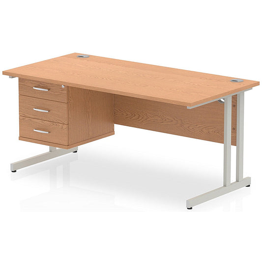 Impulse 1600mm Rectangular Office Desk With Fixed 3 Drawer Pedestal, Silver Cantilever Leg, Oak Easy2Order : MI002667