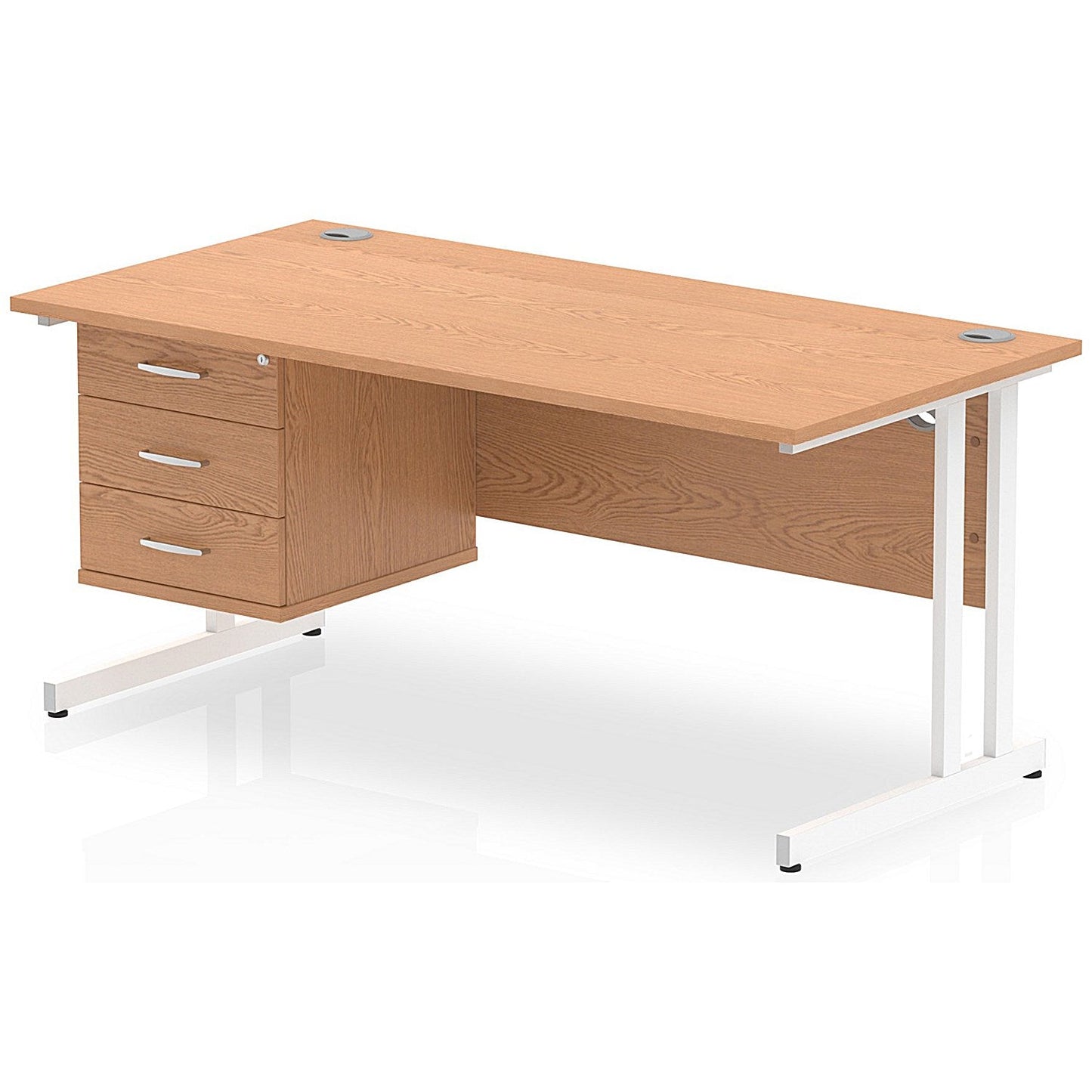 Impulse 1600mm Rectangular Office Desk With Fixed 3 Drawer Pedestal, White Cantilever Leg, Oak Easy2Order : MI002671