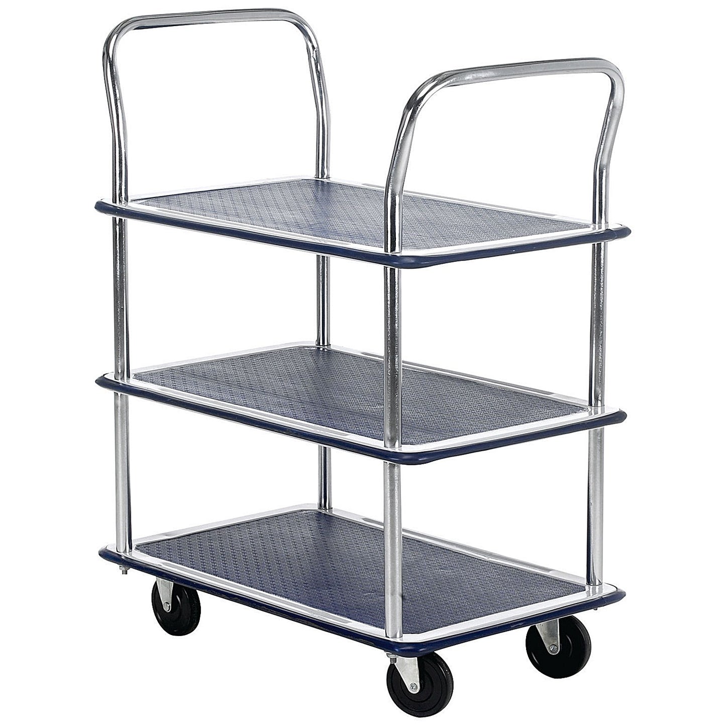 Barton 3 Shelf Trolley, Steel Frame, Capacity 120kg, Silver and Blue