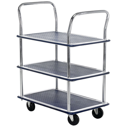 Barton 3 Shelf Trolley, Steel Frame, Capacity 120kg, Silver and Blue