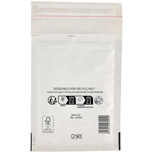 Sealed Air Bubble Lined Postal Bag, A000 110x160mm, White, Pack of 100