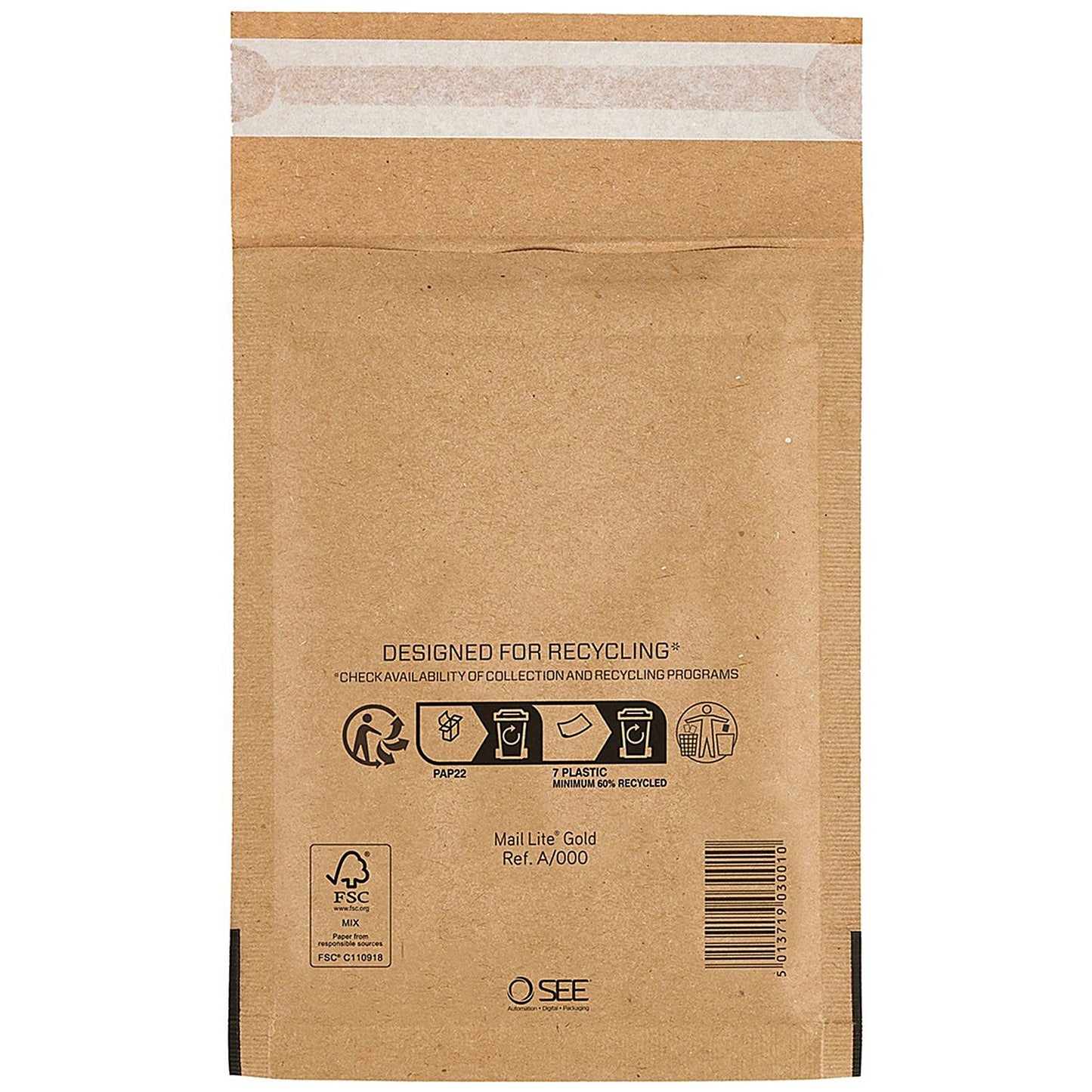 Sealed Air Bubble Lined Postal Bag, A000 110x160mm, Gold, Pack of 100