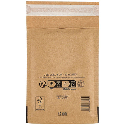 Sealed Air Bubble Lined Postal Bag, A000 110x160mm, Gold, Pack of 100
