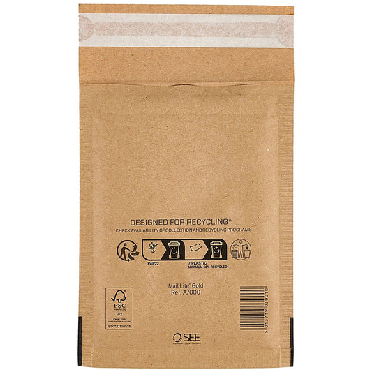 Sealed Air Bubble Lined Postal Bag, A000 110x160mm, Gold, Pack of 100