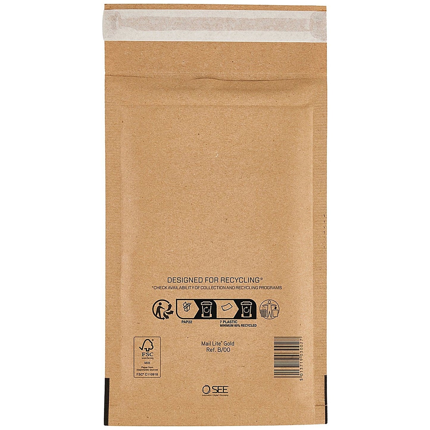 Sealed Air Bubble Lined Postal Bag, B00 120x210mm, Gold, Pack of 100