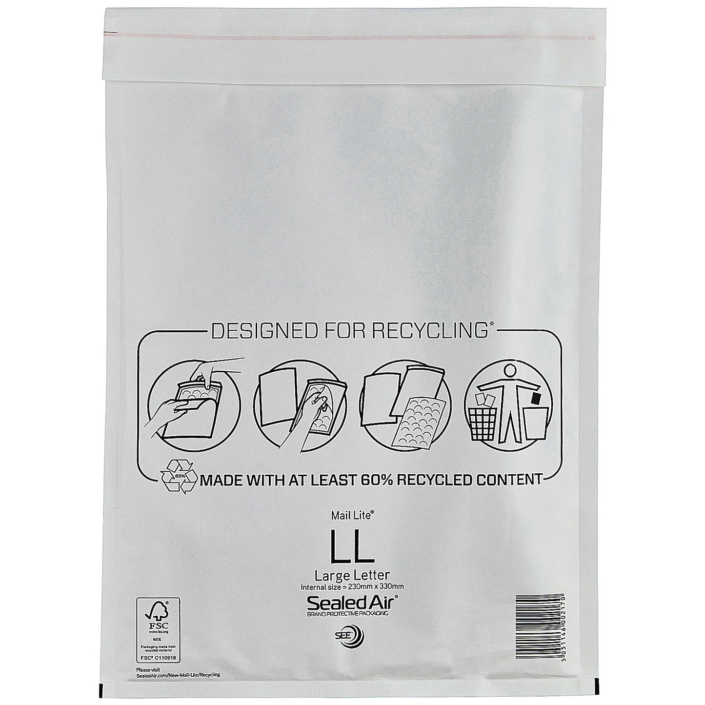 Mail Lite Bubble Lined Postal Bag, Size LL 230x330mm, White, Pack of 50