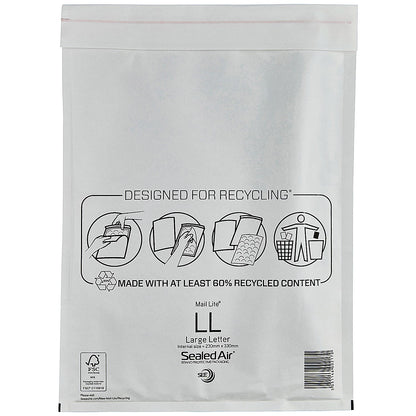 Mail Lite Bubble Lined Postal Bag, Size LL 230x330mm, White, Pack of 50