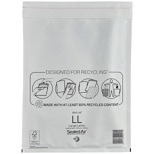 Mail Lite Bubble Lined Postal Bag, Size LL 230x330mm, White, Pack of 50