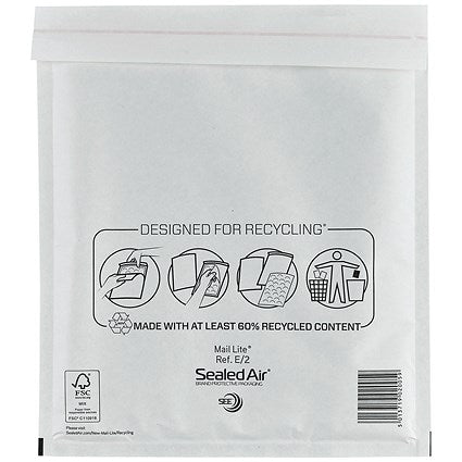 Mail Lite Bubble Postal Bag, E/2 220x260mm, White, Pack of 100