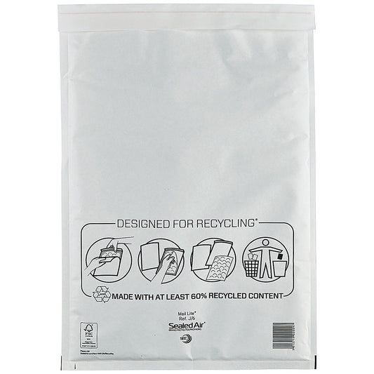 Mail Lite Bubble Postal Bag, J/6 300x440mm, White, Pack of 50