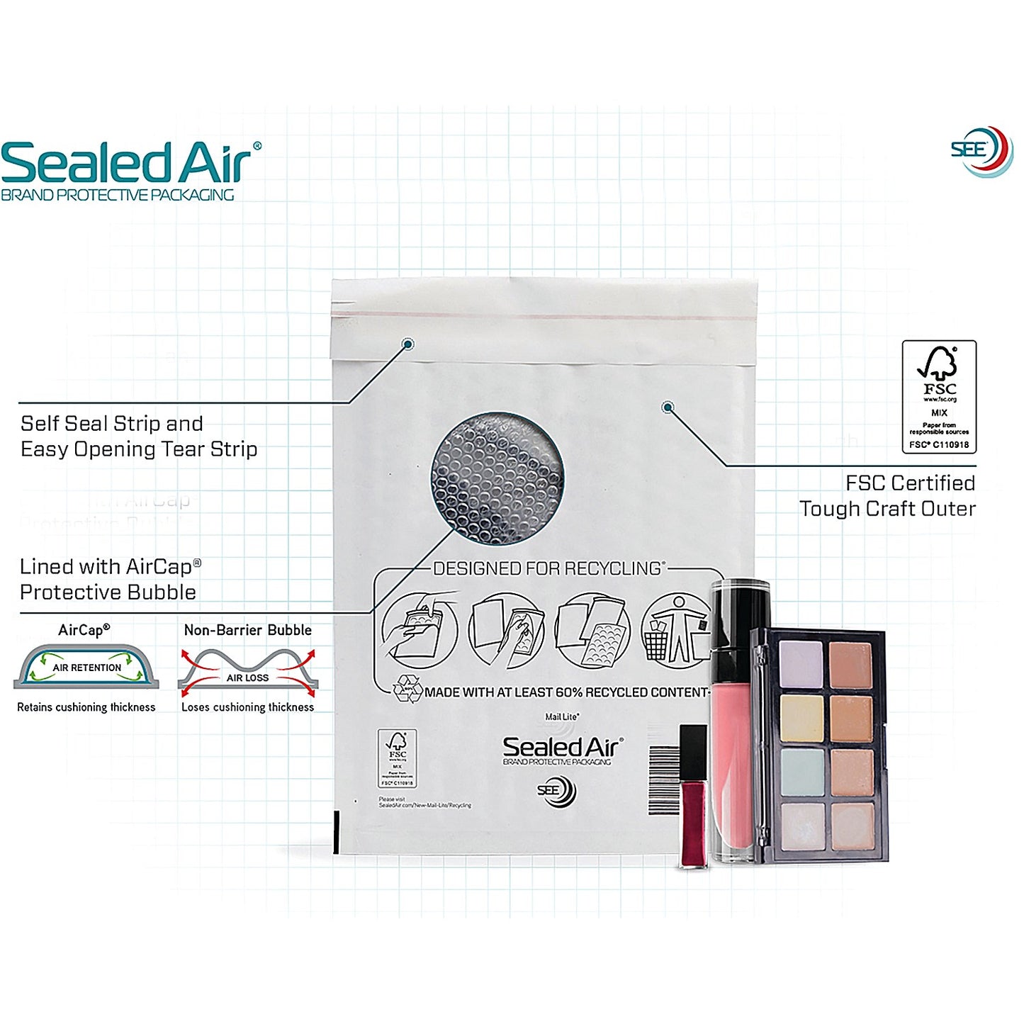 Mail Lite Bubble Postal Bag, J/6 300x440mm, White, Pack of 50