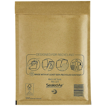 Mail Lite Bubble Postal Bag, Size D/1 180x260mm, Gold, Pack of 100