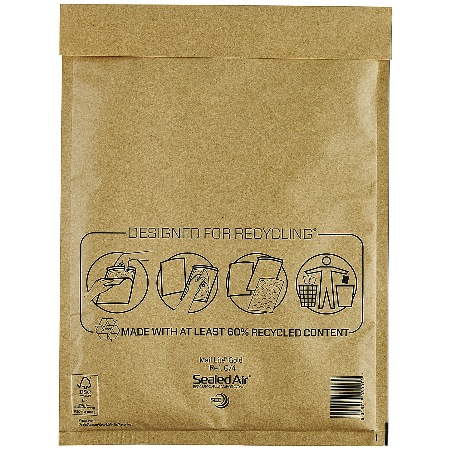 Mail Lite Bubble Postal Bag, Size G/4 240x330mm, Gold, Pack of 50