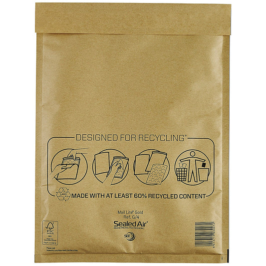Mail Lite Bubble Postal Bag, Size G/4 240x330mm, Gold, Pack of 50