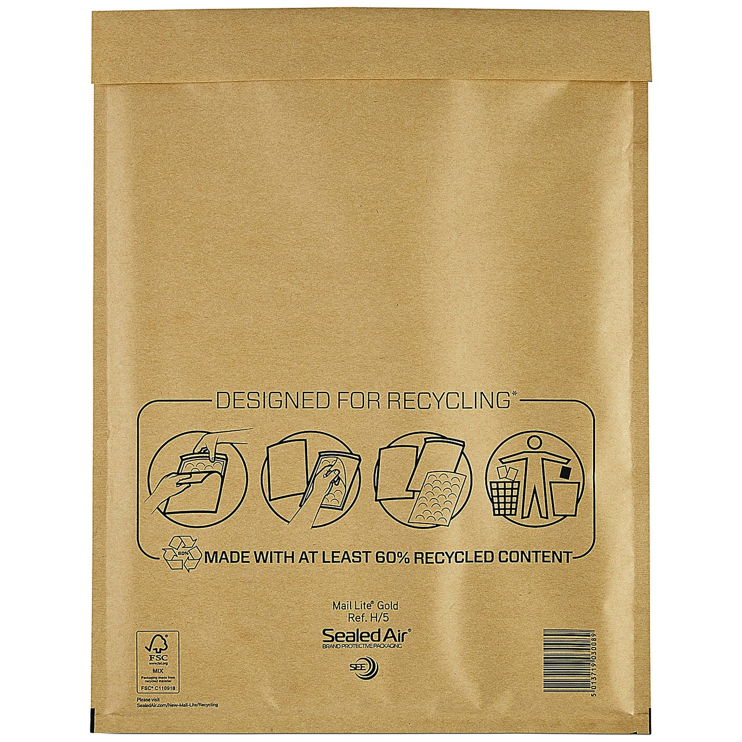 Mail Lite Bubble Postal Bag, Size H/5 270x360mm, Gold, Pack of 50