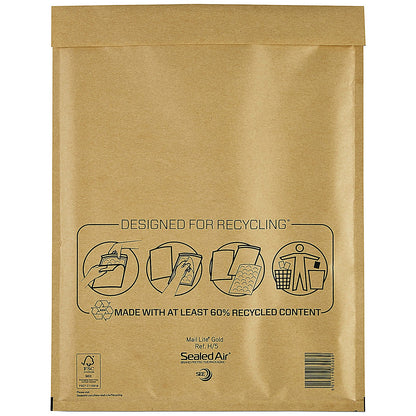 Mail Lite Bubble Postal Bag, Size H/5 270x360mm, Gold, Pack of 50