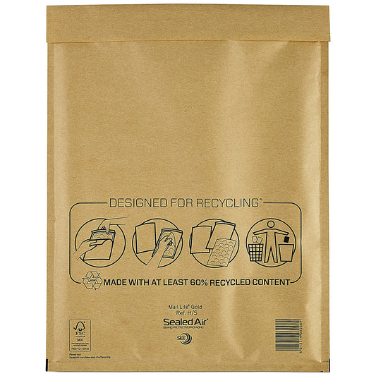 Mail Lite Bubble Postal Bag, Size H/5 270x360mm, Gold, Pack of 50