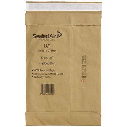 Mail Lite Padded Postal Bag, Size D/1, 181x273mm, Brown, Pack of 100