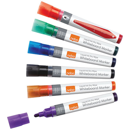 Nobo Liquid Ink Drymarker Drywipe Flipchart OHP, Bullet Tip, Assorted Colours, Wallet of 6