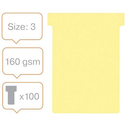 Nobo T-Cards 160gsm Tab Top 15mm W92x Bottom W80x Full H120mm Size 3 Yellow Ref 2003004 [Pack 100]