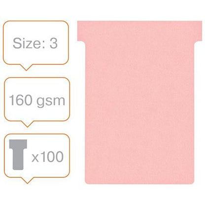 Nobo T-Cards 160gsm Tab Top 15mm W92x Bottom W80x Full H120mm Size 3 Pink Ref 2003006 [Pack 100]