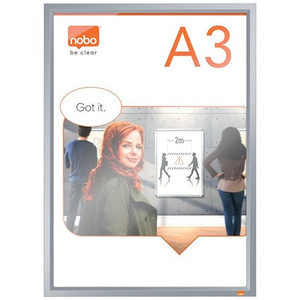 Nobo Poster Frame, A3, Anodised Clip Wall Mountable, Silver