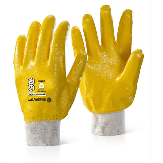 Beeswift Nitrile Fully Coated Knitwrist Light Weight Gloves, Yellow, XL, Pack of 10