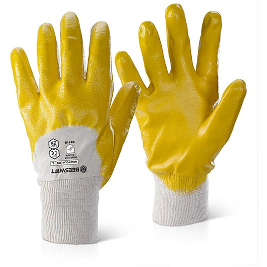 Beeswift Nitrile Part Coated Knitwrist Light Weight Gloves, Yellow, Medium-XL, Pack of 10 Easy2Order : NKWPCLWN10