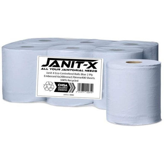 Janit-X Eco 2-Ply 100% Recycled Centrefeed Rolls, 200mmx170mm, Blue, Pack of 6