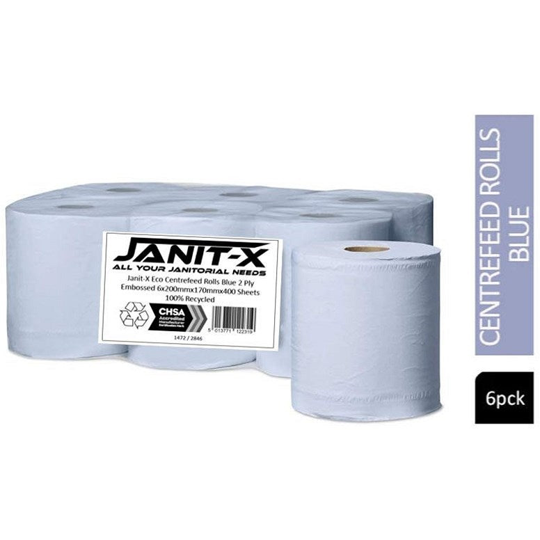 Janit-X Eco 2-Ply 100% Recycled Centrefeed Rolls, 200mmx170mm, Blue, Pack of 6