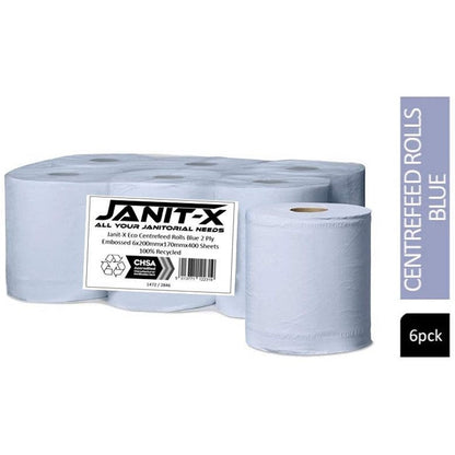 Janit-X Eco 2-Ply 100% Recycled Centrefeed Rolls, 200mmx170mm, Blue, Pack of 6