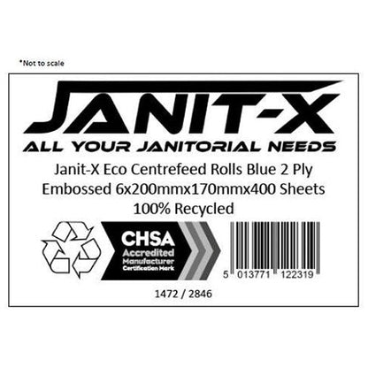 Janit-X Eco 2-Ply 100% Recycled Centrefeed Rolls, 200mmx170mm, Blue, Pack of 6