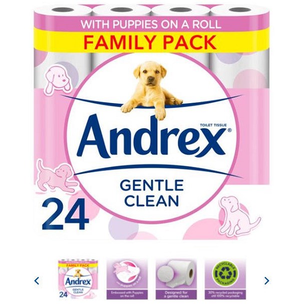 Andrex Puppies On A Roll Gentle Clean Toilet Paper, Pack of 24