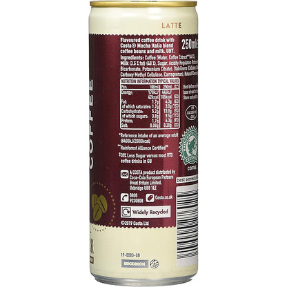 Costa Coffee Latte Iced Coffee, 250ml, Pack of 12