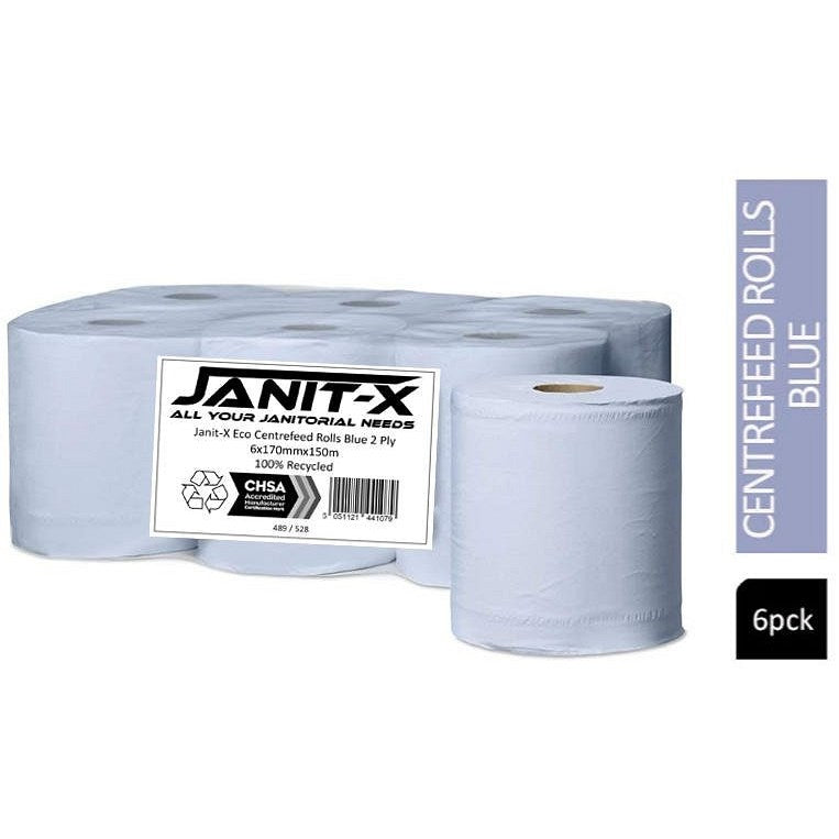 Janit-X Eco 2-Ply 100% Recycled Centrefeed Rolls, 150m, Blue, Pack of 6