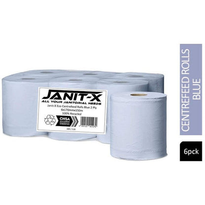 Janit-X Eco 2-Ply 100% Recycled Centrefeed Rolls, 150m, Blue, Pack of 6