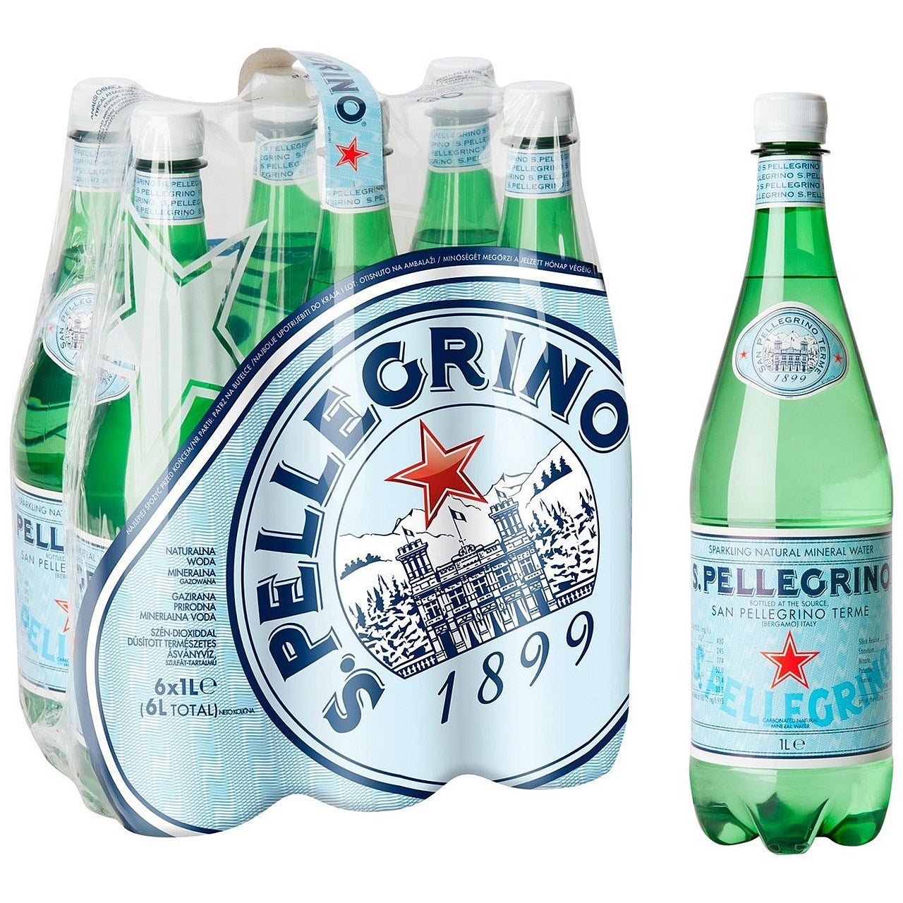 San Pellegrino Sparkling Water, Plastic Bottles, 1 Litre, Pack of 6